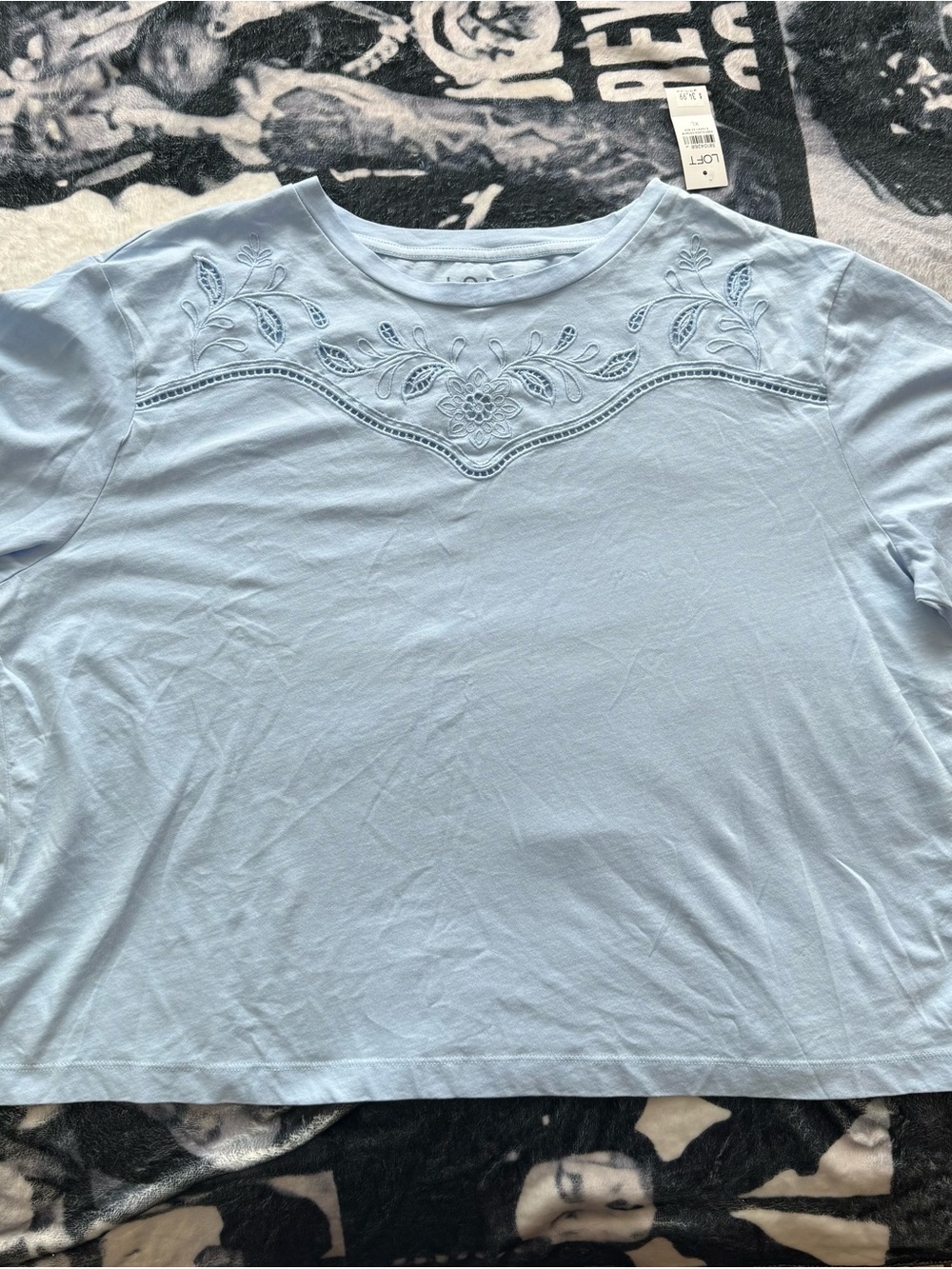 LOFT Pale Blue Short Sleeve Tee with Embroidered Yoke